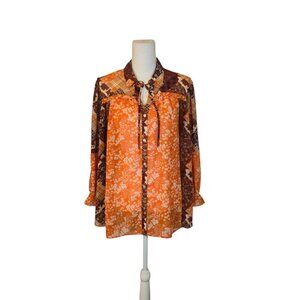 Cato Patchwork Floral Top Women Size 18/20W Orange Sheer Bohemian Preppy Fall